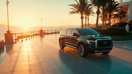 Black SUV parked on a waterfront promenade with palm trees and the ocean at sunset. Golden light and shadows.の素材