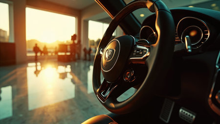 Close-up of a black leather steering wheel with silver accents inside a car, with a blurred sunset view.の素材