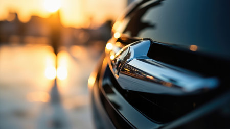 Close up of a black car door handle with chrome trim reflecting golden sunset light.の素材