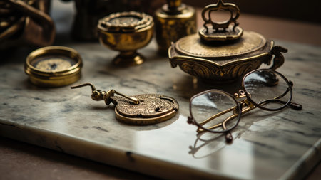 Assortment of antique brass objects including spectacles and containers on a marble surface with soft lighting.の素材
