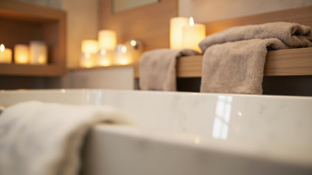 A white bathtub with beige towels and lit candles creating a relaxing spa-like atmosphere.の素材