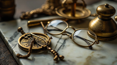 A still life featuring antique brass objects including glasses and a compass on a marble surface.の素材