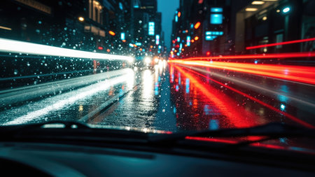 A rainy night city scene with streaks of light reflecting on wet asphalt viewed from inside a car.の素材