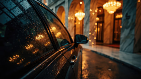 A black car in the rain with water droplets reflecting lights from a building with chandeliers.の素材