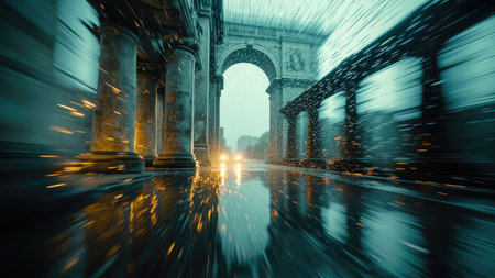 A rainy street scene with the Arc de Triomphe, blurred motion, and reflections in the wet pavement.の素材