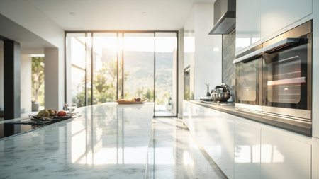 A bright modern kitchen with a marble island and large windows, showcasing a sunny outdoor view.の素材