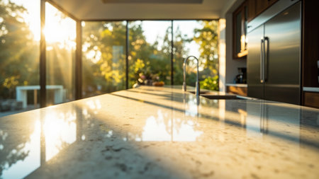 Granite countertop in a sunlit kitchen with a stainless steel refrigerator and large windows.の素材