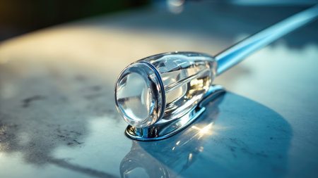 A close-up shows a chrome and glass car hood ornament reflecting light on a blue surface.の素材
