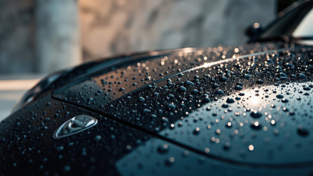 Close up of a black car hood covered in water droplets with a blurred background.の素材