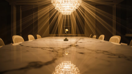 A dining room with a marble table crystal chandelier and a single flower in the center with light beams.の素材