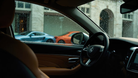 Interior car view with rain drops on the window, looking at blue and orange sports cars on a rainy day.の素材