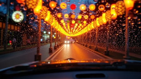 A car windshield covered in raindrops with a view of a road lined with orange lanterns at night.の素材