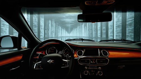 Car interior with steering wheel and dashboard looking out at a tunnel of vertical structures in a rainy environment.の素材