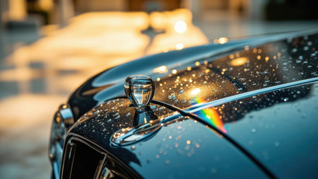 Close up of a black luxury car hood with water droplets and a crystal ornament reflecting light and a rainbow.の素材
