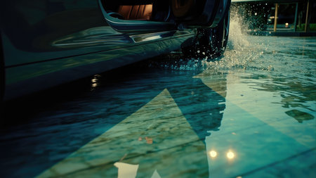 Car tire splashing water creating reflections on a wet surface with a partially open door.の素材