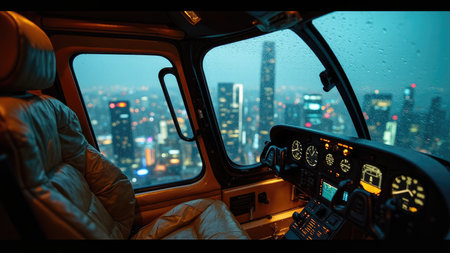 Helicopter cockpit interior with city view through a rain-streaked window, illuminated dashboard, and a moody atmosphere.の素材