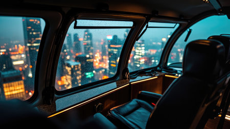 Interior view of a helicopter with rain-covered windows overlooking a city at night.の素材
