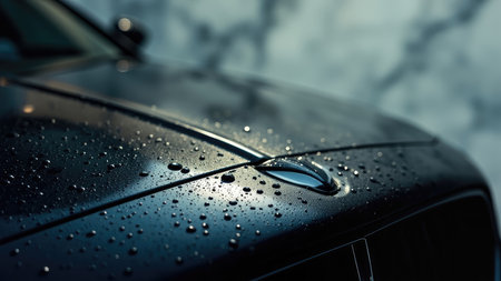 Close up of a black car hood covered in water droplets, reflecting light.の素材