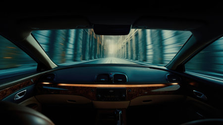 Interior car view with dashboard and blurred city background showing motion and speed with a road aheadの素材