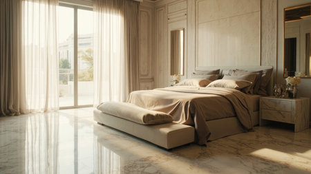 A luxurious bedroom interior with beige bedding marble floor and large window creating a bright and airy ambiance.の素材