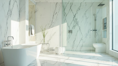 Bright white marble bathroom with a freestanding tub, glass shower, and toilet. Natural light illuminates the space.の素材
