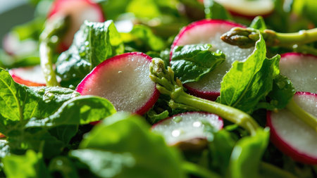 Close-up of a salad with red and white radishes green asparagus and vibrant green leaves.の素材