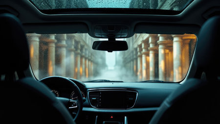 Interior car view through a wet windshield showing a colonnade in a misty atmosphere with rain drops on the glass.の素材