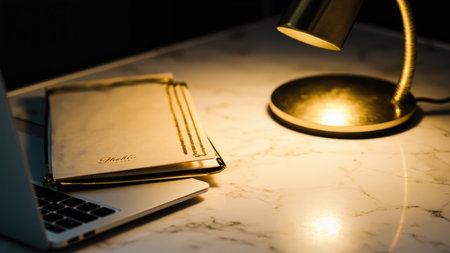 A notebook and laptop sit on a marble surface illuminated by a brass desk lamp, creating a warm, inviting ambiance.の素材