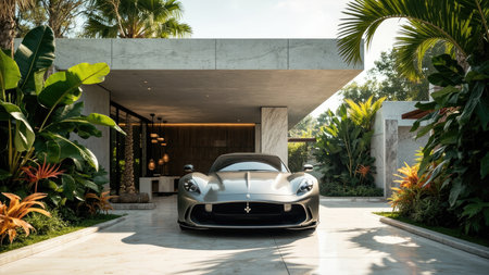 A gray sports car is parked in front of a modern house with lush tropical plants and a marble driveway.の素材