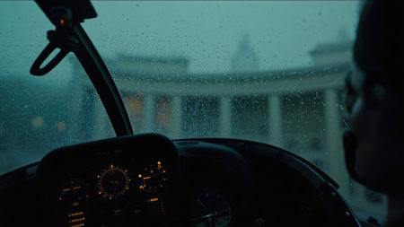 Interior view of a helicopter cockpit with raindrops on the windshield, a building in the background, and a dark, moody atmosphere.の素材