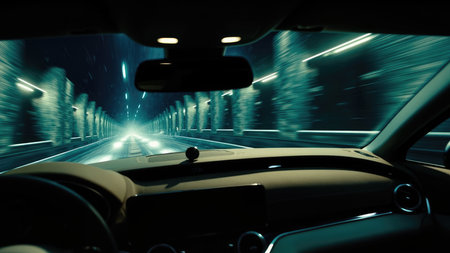 Car interior view of a tunnel with lights and a road at night, with a dark and moody atmosphere.の素材
