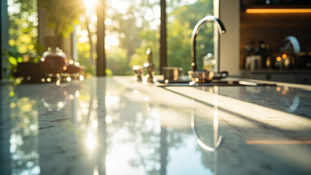 Bright kitchen interior with marble countertop stainless steel faucet and sunlight creating a warm atmosphere.の素材