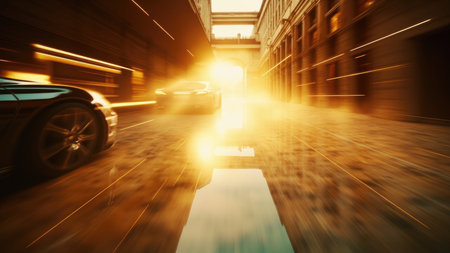 Two black cars moving fast through a city tunnel with motion blur and bright sunlight at the end.の素材