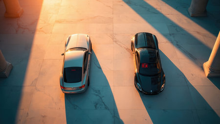 Two cars silver and black on a marble surface with sunlight and shadows near columns.の素材