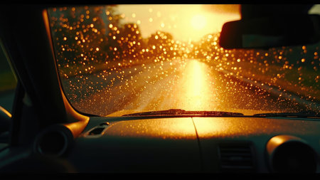 Car interior view with raindrops on the windshield and golden sunlight illuminating the road ahead creating a warm atmosphere.の素材
