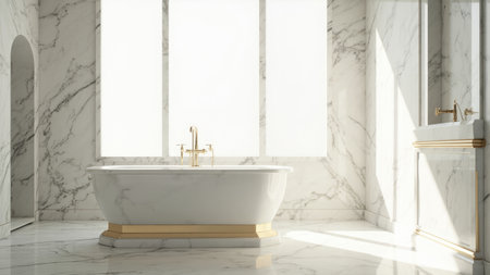 A bright interior with a marble bathtub and gold fixtures, bathed in sunlight.の素材