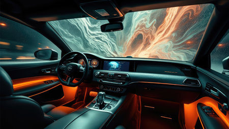 Car interior with orange and teal lighting, dashboard, and a swirling abstract background visible through the windshield.の素材