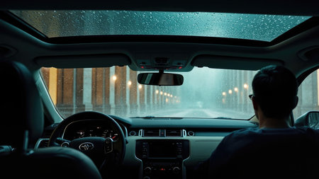 Interior car view of a person driving in the rain at night with city lights visible through the windshield.の素材