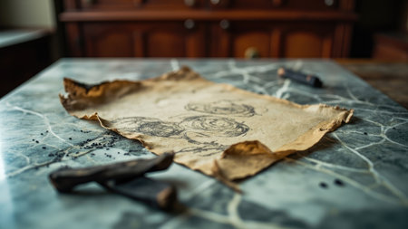A torn paper with spiral sketches and dark objects on a marble table, set in a room with wooden furniture.の素材