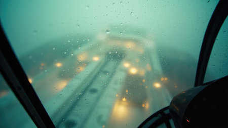 Raindrops on a window obscure a view of blurred lights and a teal-green overcast sky.の素材