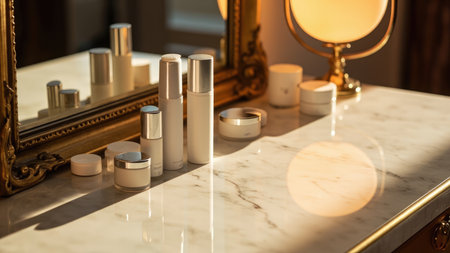 Skincare products and containers on a marble surface, with a gold-framed mirror and warm lighting.の素材
