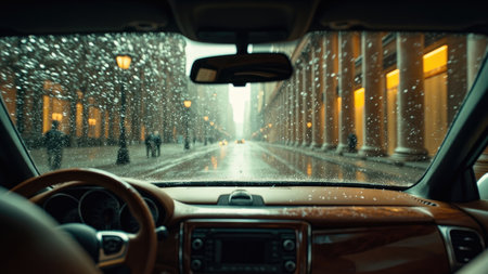 Interior car view of a rainy city street with visible droplets on the windshield and buildings.の素材