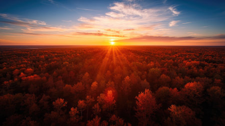 Aerial view of a forest with orange and red foliage under a sunset sky with sun rays.の素材