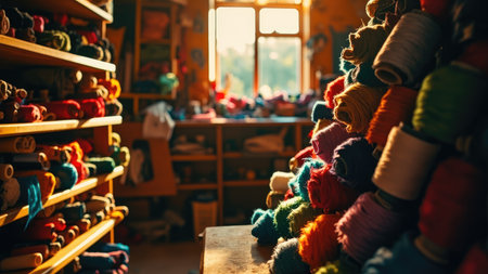 Colorful yarn spools stacked on a table with shelves in the background, warm light.の素材