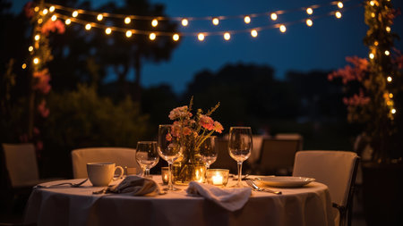 A table set for dinner with candles flowers and string lights at dusk creating a romantic atmosphere.の素材