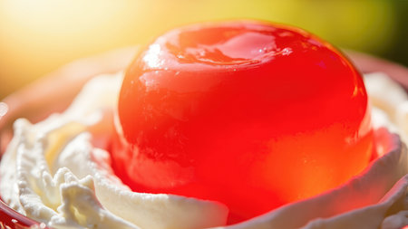 Close up of a red cherry on white whipped cream with blurred yellow and green background.の素材