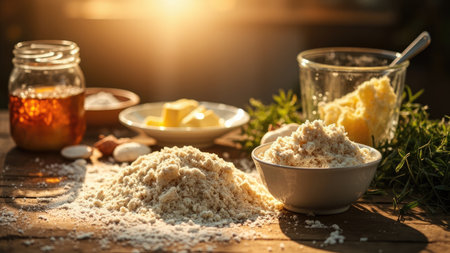 Flour butter honey and herbs on a wooden table bathed in warm natural light.の素材