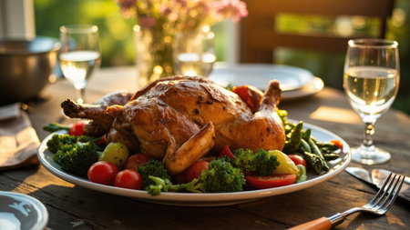 A roasted chicken with vegetables and wine glasses on a wooden table in warm sunlight.の素材