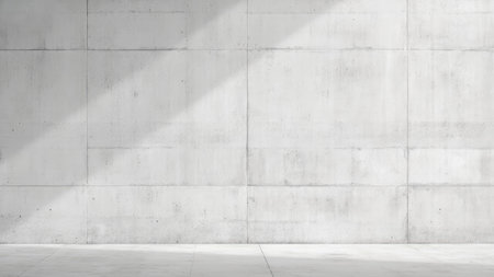Gray concrete wall with sunlight and shadow, tiled floor, minimalist interior, empty space, neutral tones.の素材