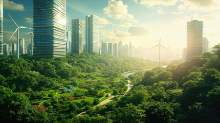A green city with skyscrapers and wind turbines amidst lush green parkland under a bright sunny sky.の素材